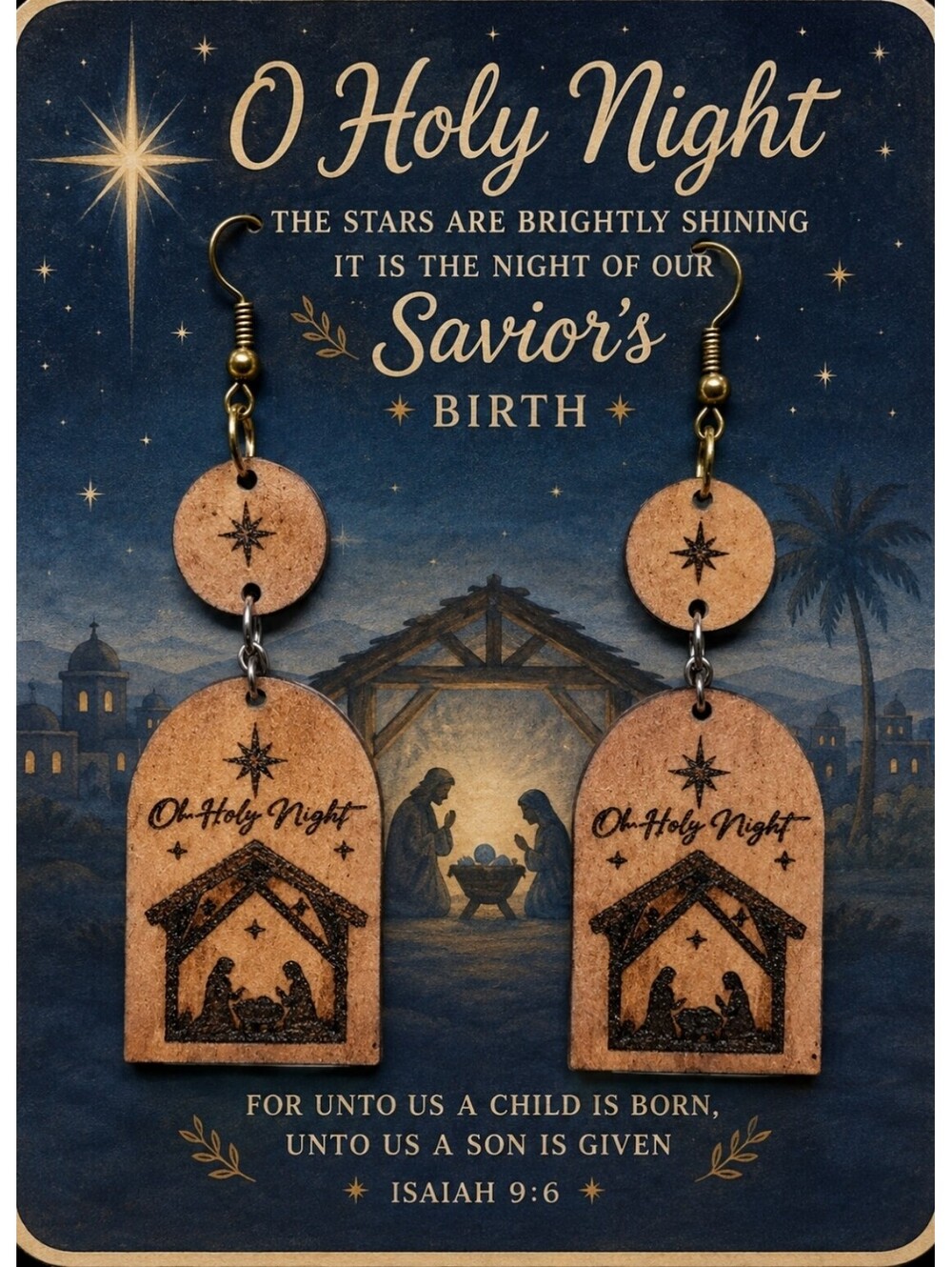 Christmas Jesus Oh Holy Night Wood Earrings